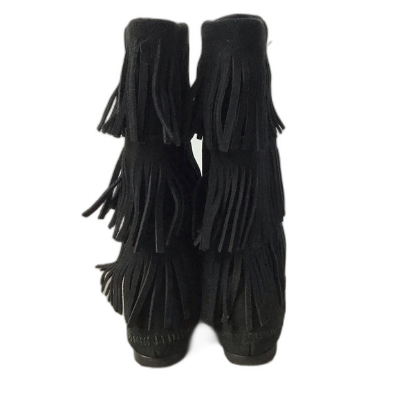Minnetonka Suede Leather 3-Layer Fringe Boot Black Size 5 New - Picture 4 of 7